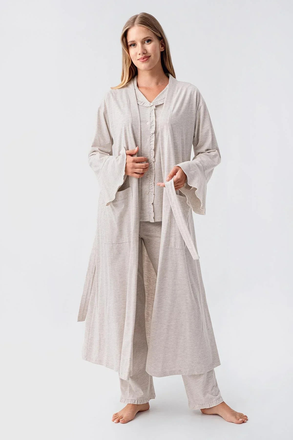 Cotton Melange 3-Piece Maternity-Nursing Pajama & Flywheel Arm Robe Set Beige - 23112