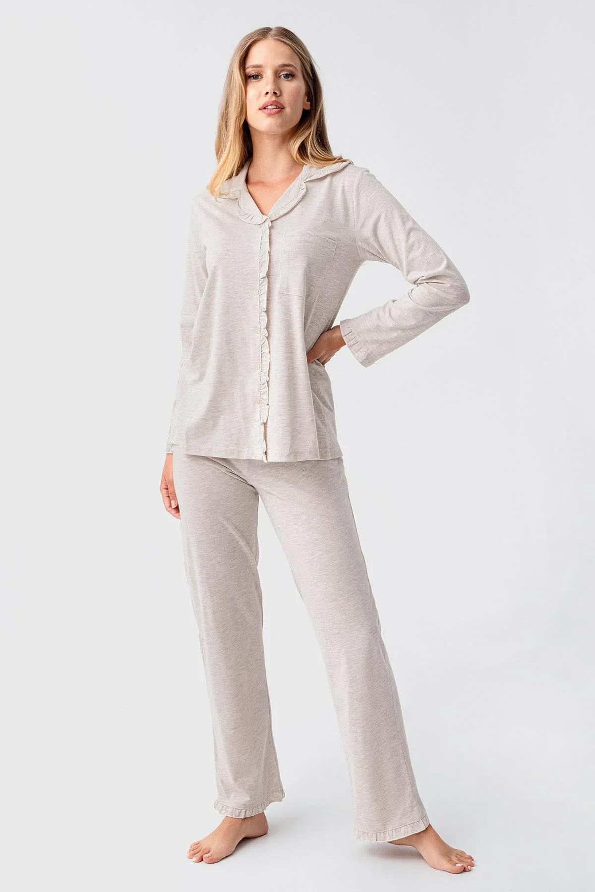 Cotton Melange 3-Piece Maternity-Nursing Pajama & Flywheel Arm Robe Set Beige - 23112