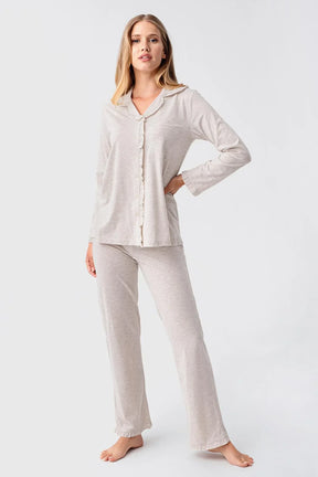 Cotton Melange 3-Piece Maternity-Nursing Pajama & Flywheel Arm Robe Set Beige - 23112