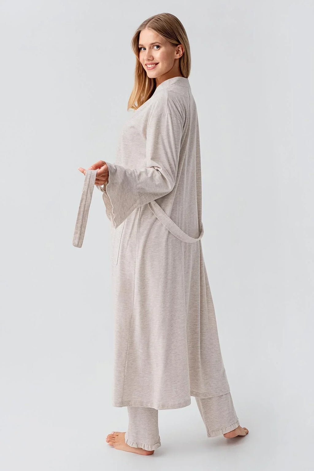Cotton Melange 3-Piece Maternity-Nursing Pajama & Flywheel Arm Robe Set Beige - 23112