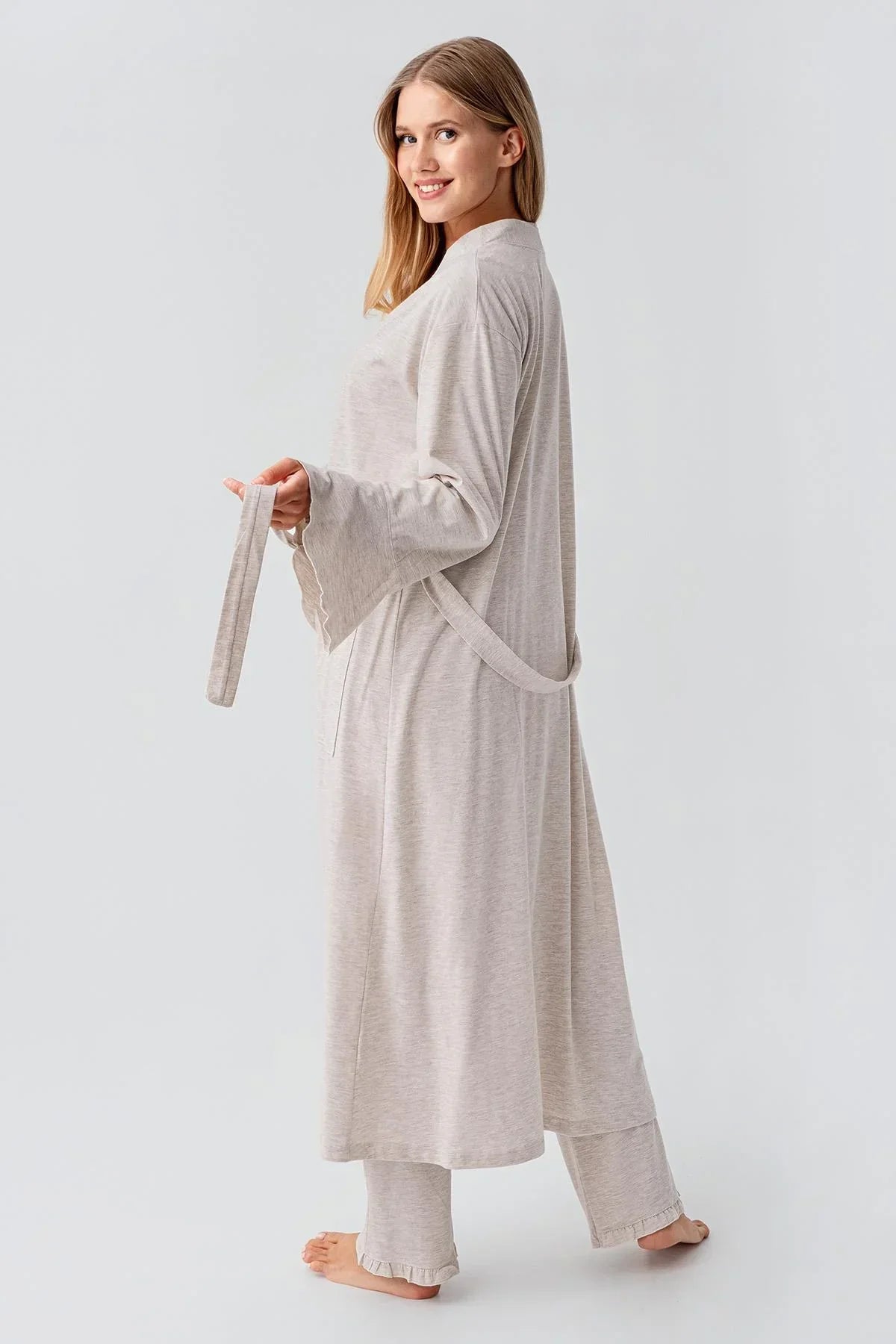 Cotton Melange 3-Piece Maternity-Nursing Pajama & Flywheel Arm Robe Set Beige - 23112