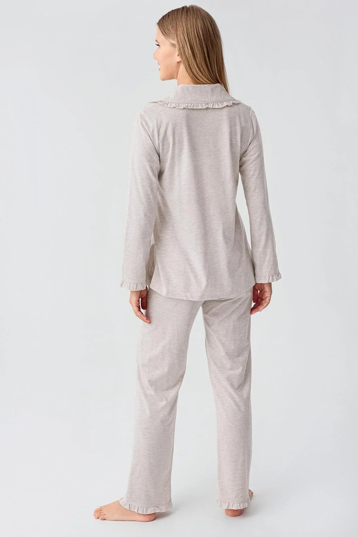 Cotton Melange 3-Piece Maternity-Nursing Pajama & Flywheel Arm Robe Set Beige - 23112