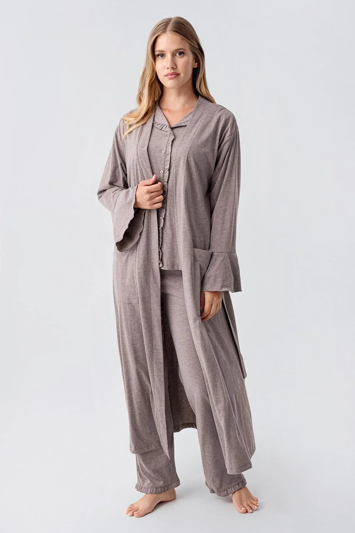 Cotton Melange 3-Piece Maternity-Nursing Pajama & Flywheel Arm Robe Set Coffee - 23112