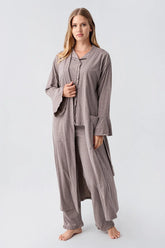 Cotton Melange 3-Piece Maternity-Nursing Pajama & Flywheel Arm Robe Set Coffee - 23112