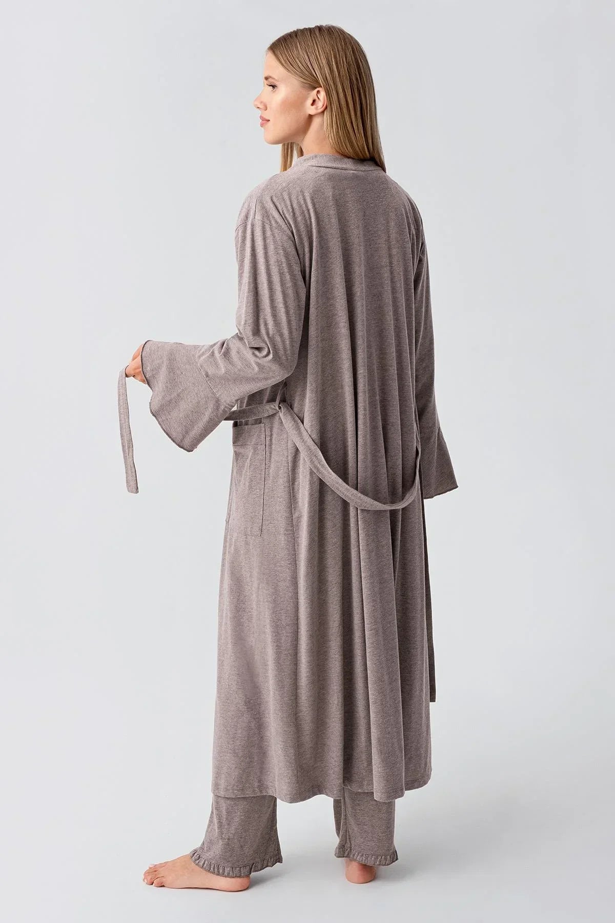 Cotton Melange 3-Piece Maternity-Nursing Pajama & Flywheel Arm Robe Set Coffee - 23112