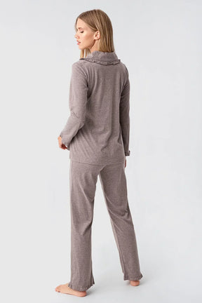 Cotton Melange 3-Piece Maternity-Nursing Pajama & Flywheel Arm Robe Set Coffee - 23112