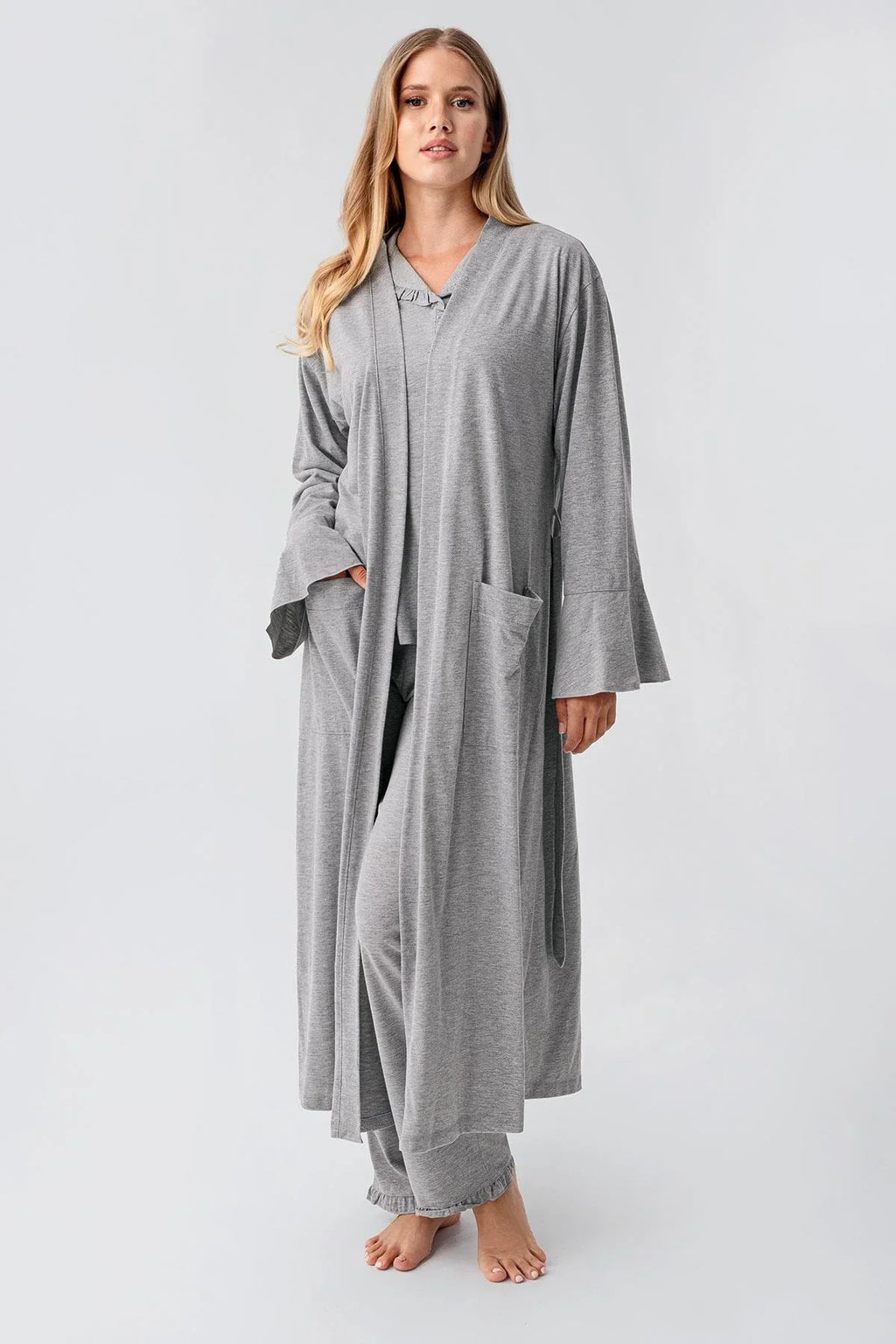 Cotton Melange 3-Piece Maternity-Nursing Pajama & Flywheel Arm Robe Set Grey - 23112