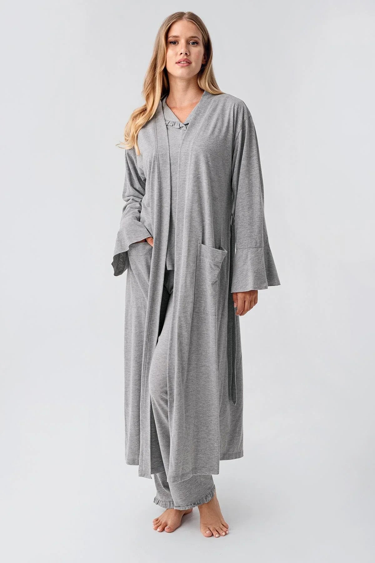 Cotton Melange 3-Piece Maternity-Nursing Pajama & Flywheel Arm Robe Set Grey - 23112