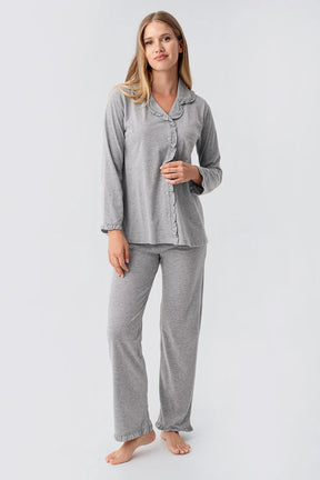 Cotton Melange 3-Piece Maternity-Nursing Pajama & Flywheel Arm Robe Set Grey - 23112