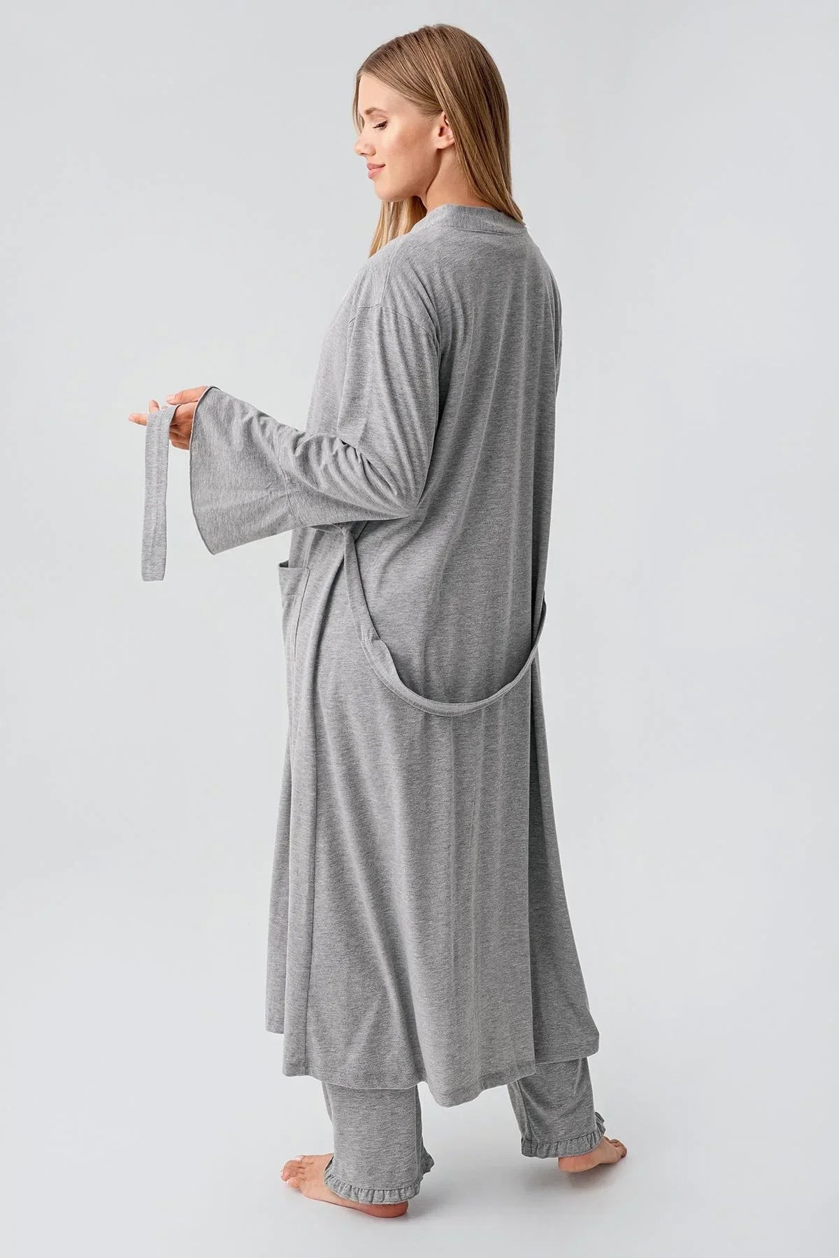 Cotton Melange 3-Piece Maternity-Nursing Pajama & Flywheel Arm Robe Set Grey - 23112