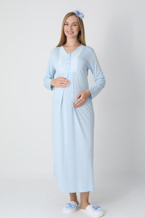 Guipure Collar Maternity-Nursing Nightgown & Jacquard Robe Set Blue - 2311
