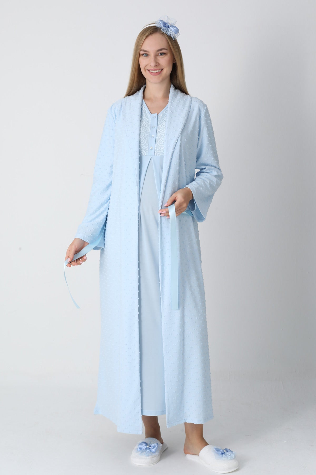 Guipure Collar Maternity-Nursing Nightgown & Jacquard Robe Set Blue - 2311