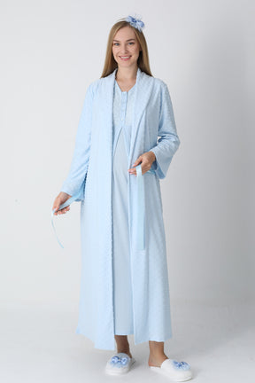 Guipure Collar Maternity-Nursing Nightgown & Jacquard Robe Set Blue - 2311