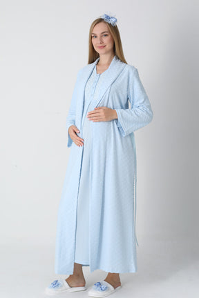 Guipure Collar Maternity-Nursing Nightgown & Jacquard Robe Set Blue - 2311