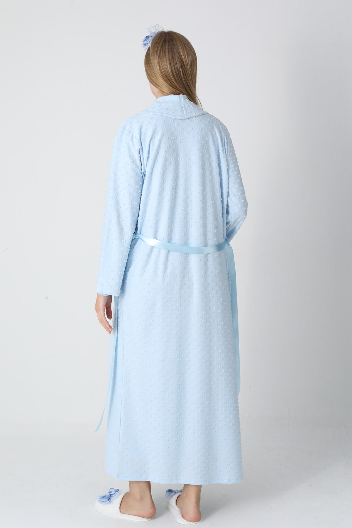 Guipure Collar Maternity-Nursing Nightgown & Jacquard Robe Set Blue - 2311