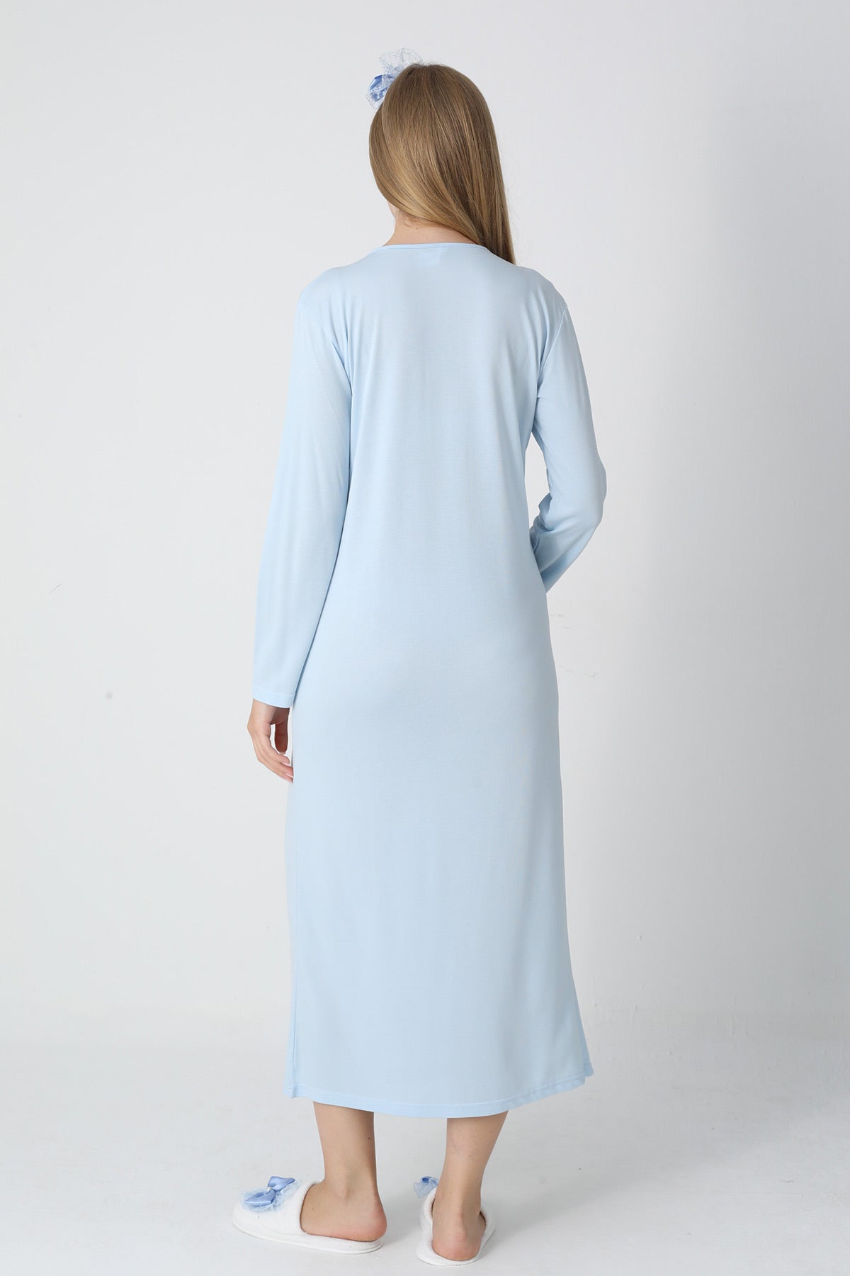 Guipure Collar Maternity-Nursing Nightgown & Jacquard Robe Set Blue - 2311