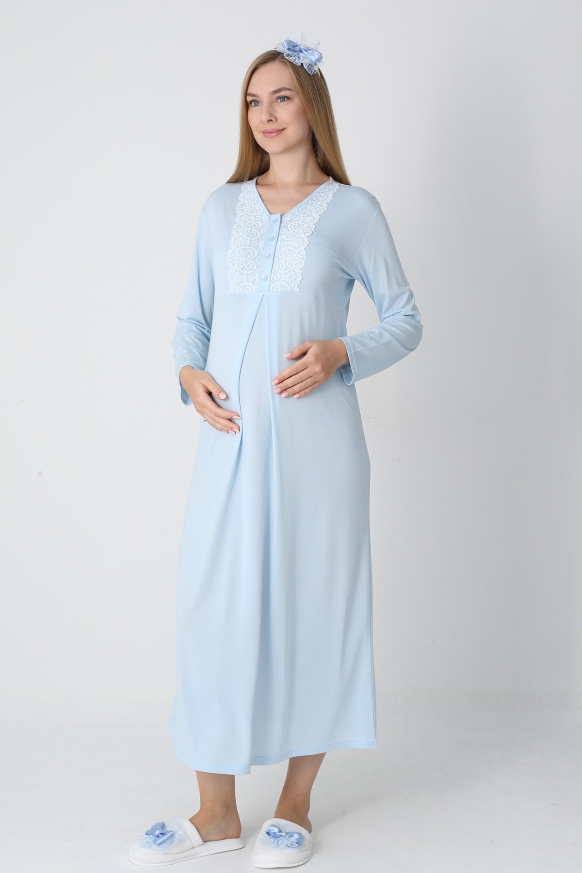 Guipure Collar Maternity-Nursing Nightgown & Jacquard Robe Set Blue - 2311