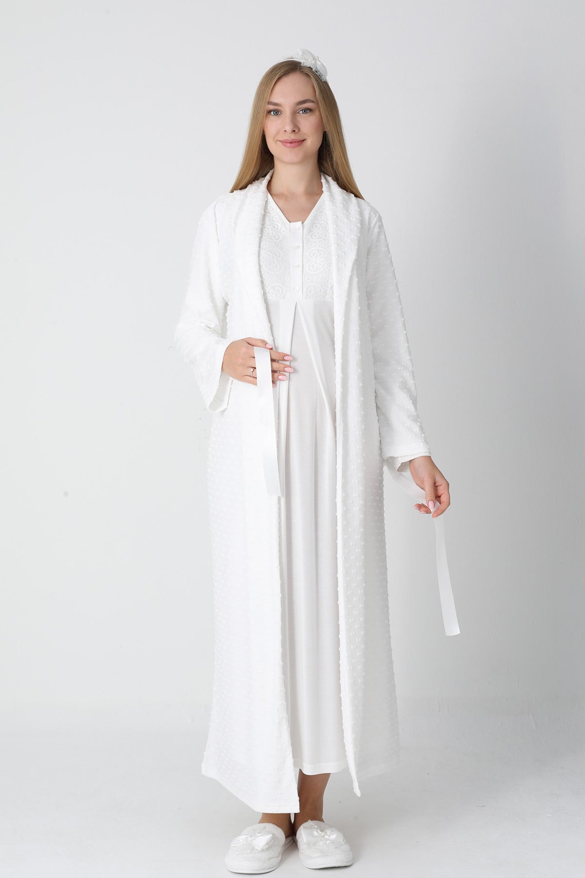 Guipure Collar Maternity-Nursing Nightgown & Jacquard Robe Set Ecru - 2311