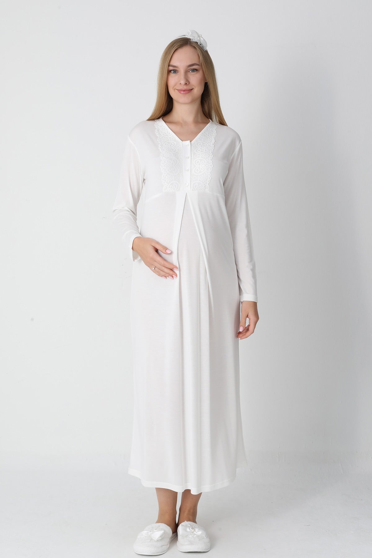 Guipure Collar Maternity-Nursing Nightgown & Jacquard Robe Set Ecru - 2311