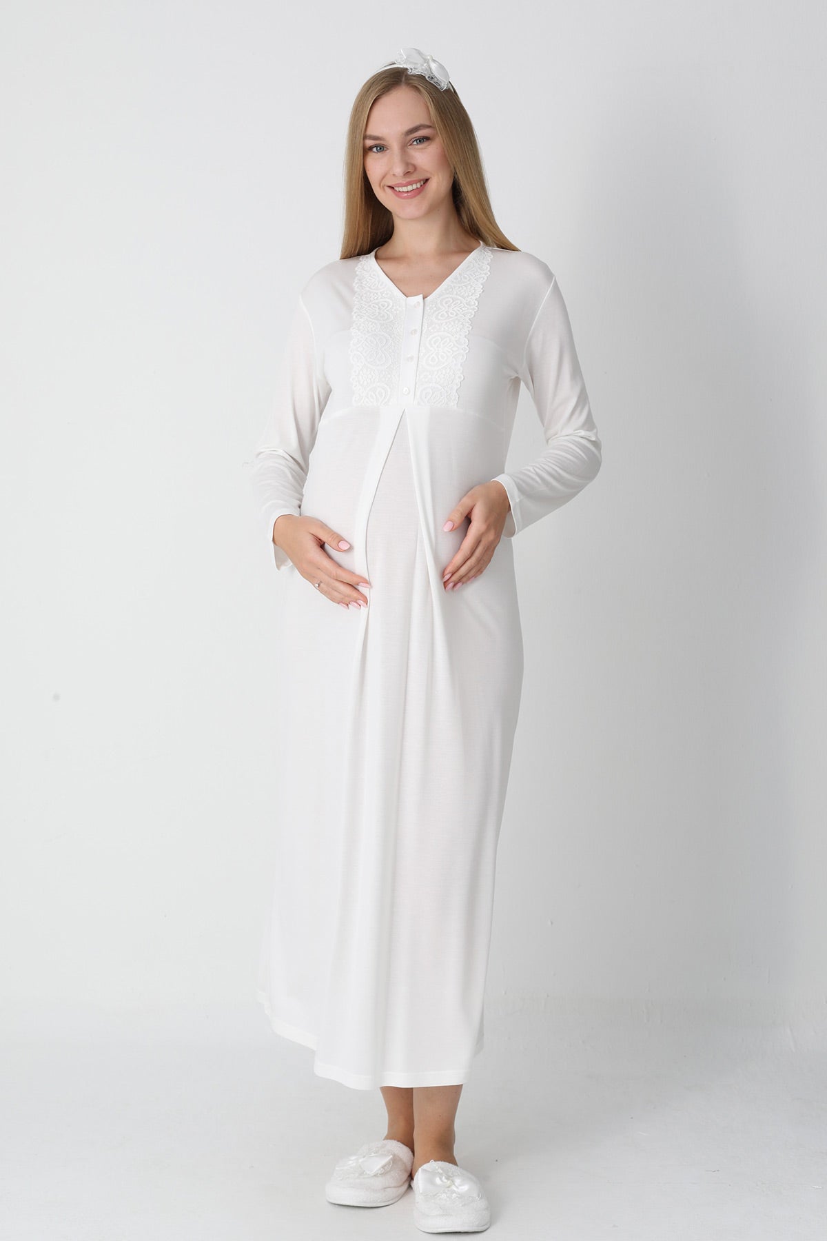 Guipure Collar Maternity-Nursing Nightgown & Jacquard Robe Set Ecru - 2311