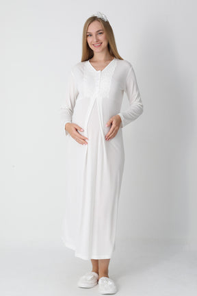 Guipure Collar Maternity-Nursing Nightgown & Jacquard Robe Set Ecru - 2311