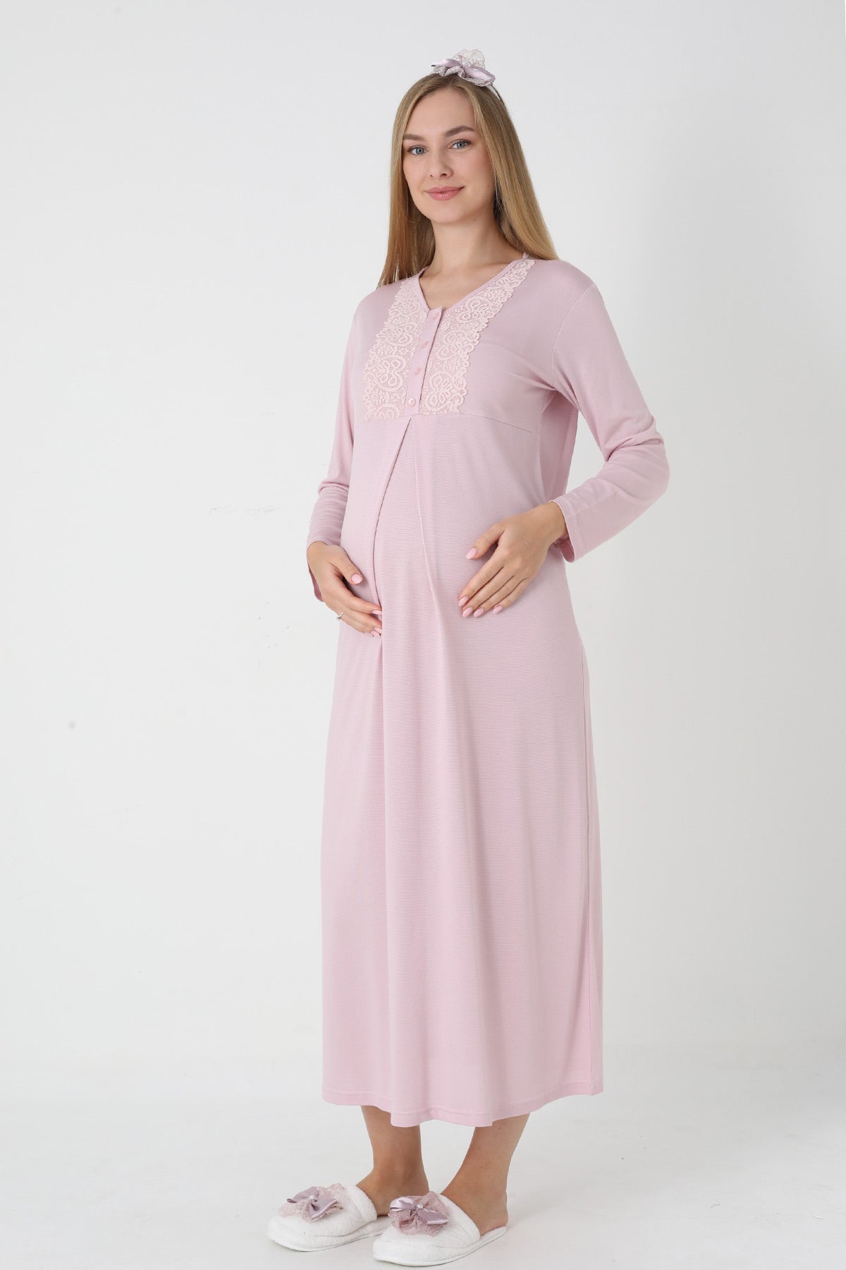 Guipure Collar Maternity-Nursing Nightgown & Jacquard Robe Set Powder - 2311