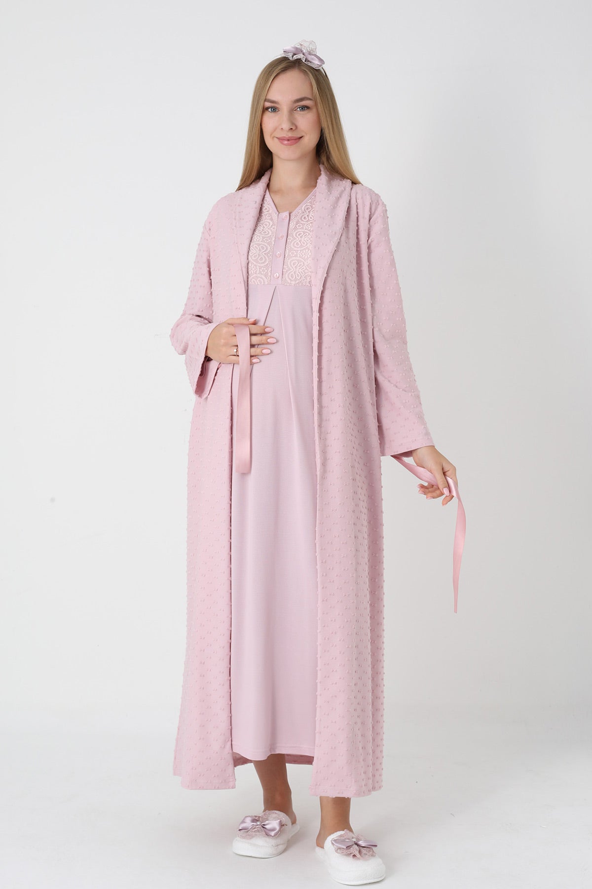 Guipure Collar Maternity-Nursing Nightgown & Jacquard Robe Set Powder - 2311