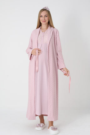 Guipure Collar Maternity-Nursing Nightgown & Jacquard Robe Set Powder - 2311