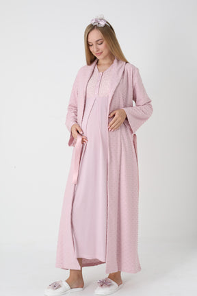 Guipure Collar Maternity-Nursing Nightgown & Jacquard Robe Set Powder - 2311