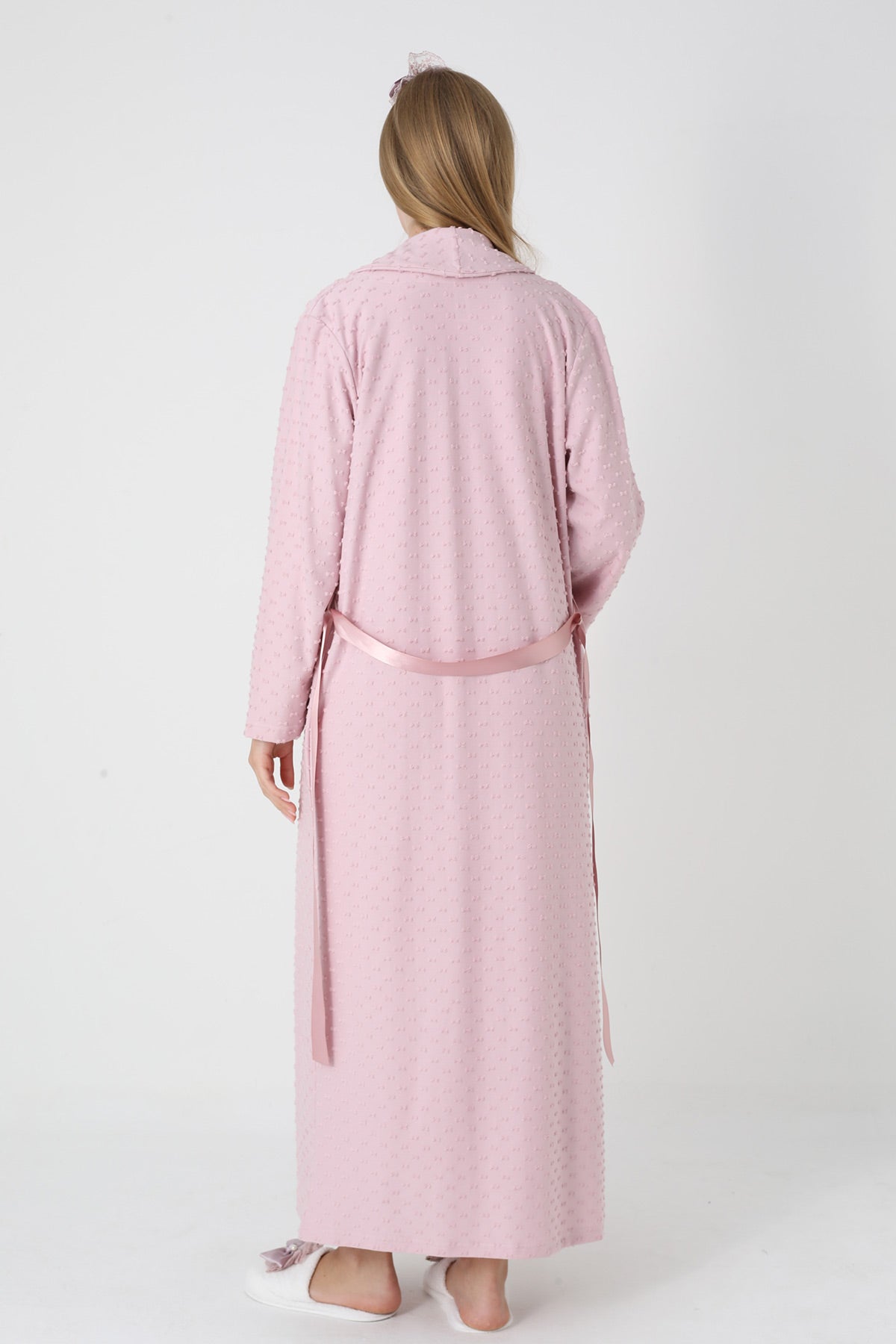 Guipure Collar Maternity-Nursing Nightgown & Jacquard Robe Set Powder - 2311