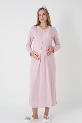 Guipure Collar Maternity-Nursing Nightgown & Jacquard Robe Set Powder - 2311