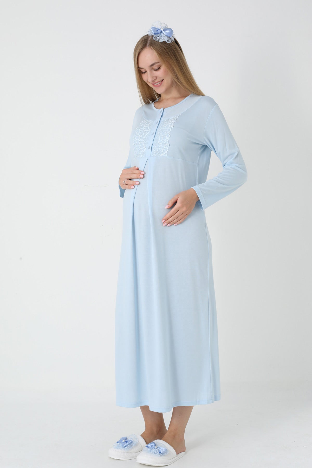 Lace Collar Maternity-Nursing Nightgown & Polka Dot Jacquard Robe Set Blue - 2312