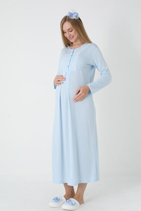 Lace Collar Maternity-Nursing Nightgown & Polka Dot Jacquard Robe Set Blue - 2312