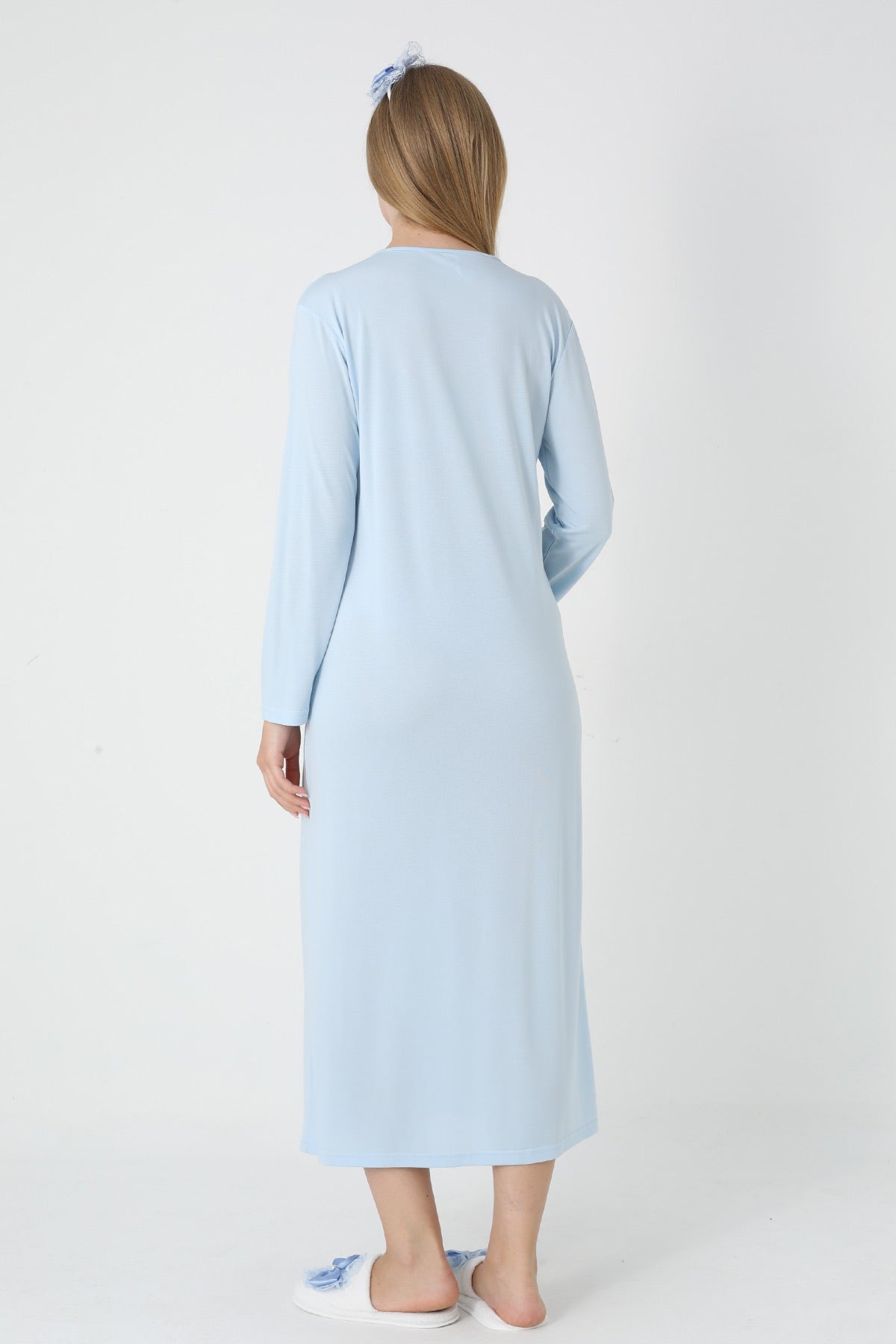 Lace Collar Maternity-Nursing Nightgown & Polka Dot Jacquard Robe Set Blue - 2312