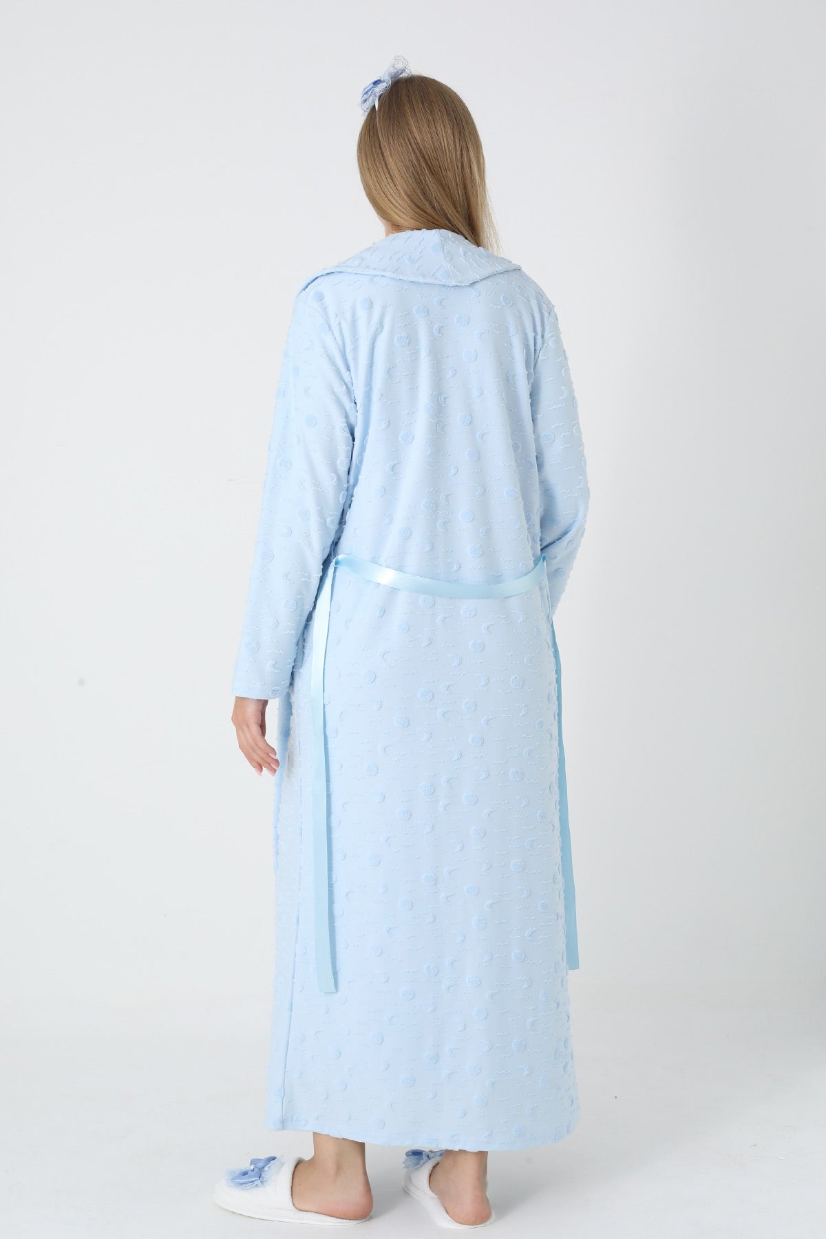 Lace Collar Maternity-Nursing Nightgown & Polka Dot Jacquard Robe Set Blue - 2312