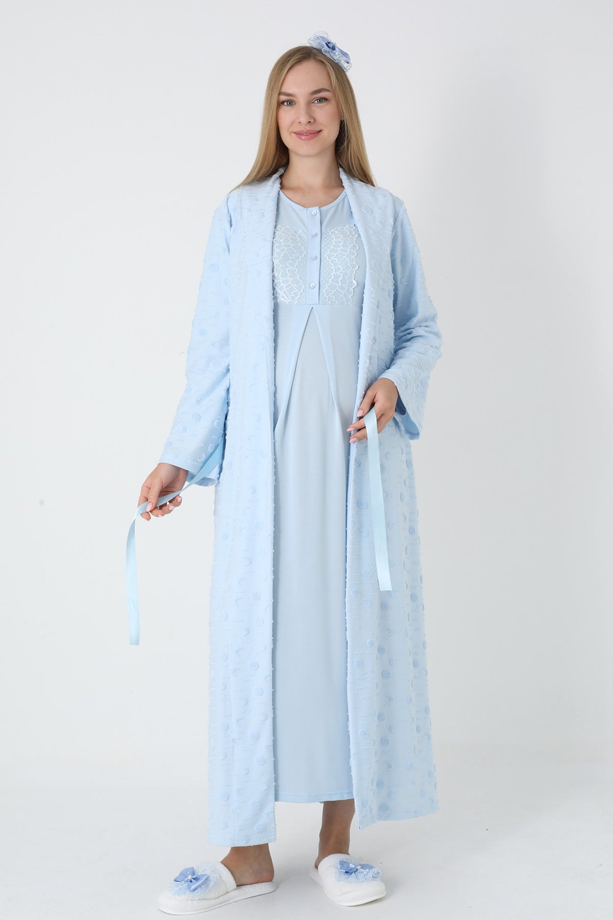 Lace Collar Maternity-Nursing Nightgown & Polka Dot Jacquard Robe Set Blue - 2312