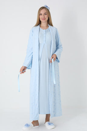 Lace Collar Maternity-Nursing Nightgown & Polka Dot Jacquard Robe Set Blue - 2312