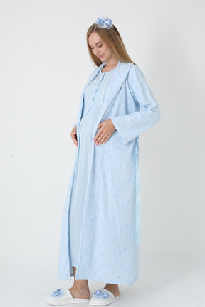 Lace Collar Maternity-Nursing Nightgown & Polka Dot Jacquard Robe Set Blue - 2312