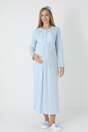 Lace Collar Maternity-Nursing Nightgown & Polka Dot Jacquard Robe Set Blue - 2312