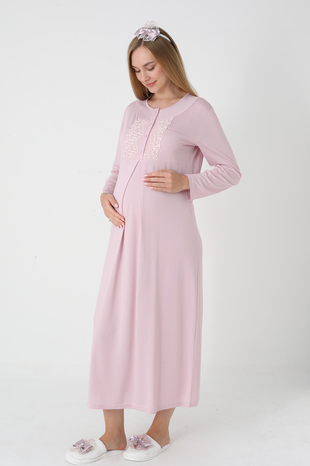 Lace Collar Maternity-Nursing Nightgown & Polka Dot Jacquard Robe Set Powder - 2312