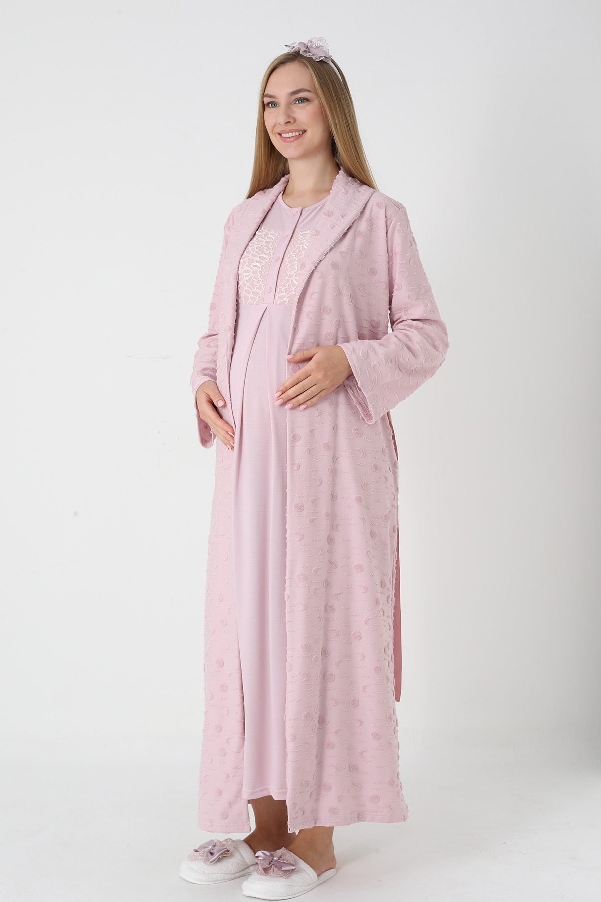 Lace Collar Maternity-Nursing Nightgown & Polka Dot Jacquard Robe Set Powder - 2312