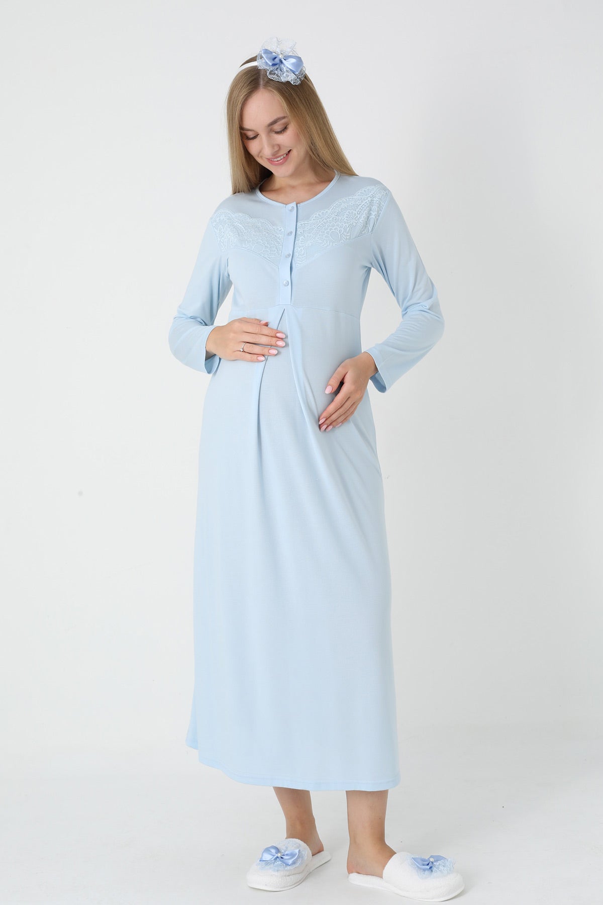 Lace Collar Maternity-Nursing Nightgown & Square Jacquard Robe Set Blue - 2313