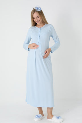 Lace Collar Maternity-Nursing Nightgown & Square Jacquard Robe Set Blue - 2313