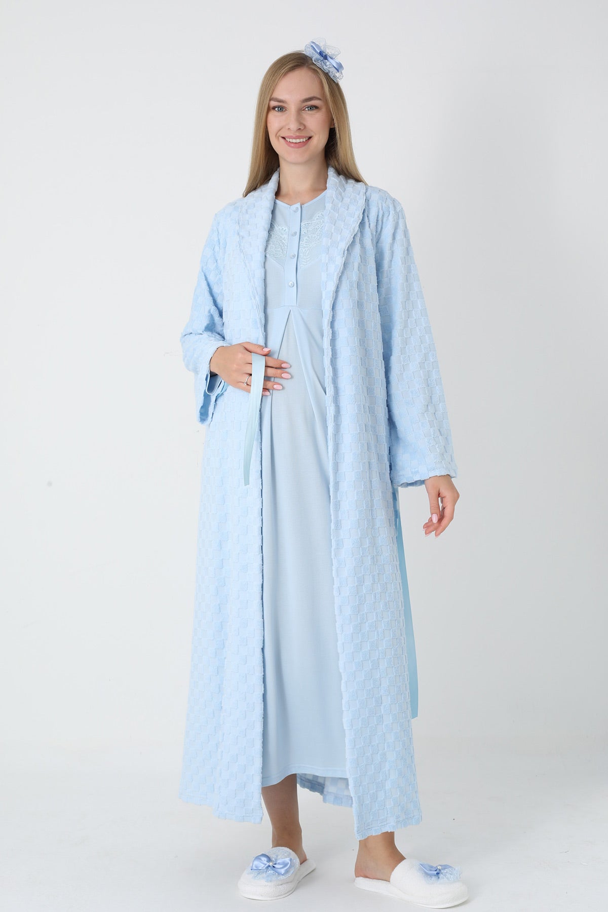 Lace Collar Maternity-Nursing Nightgown & Square Jacquard Robe Set Blue - 2313