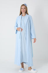 Lace Collar Maternity-Nursing Nightgown & Square Jacquard Robe Set Blue - 2313