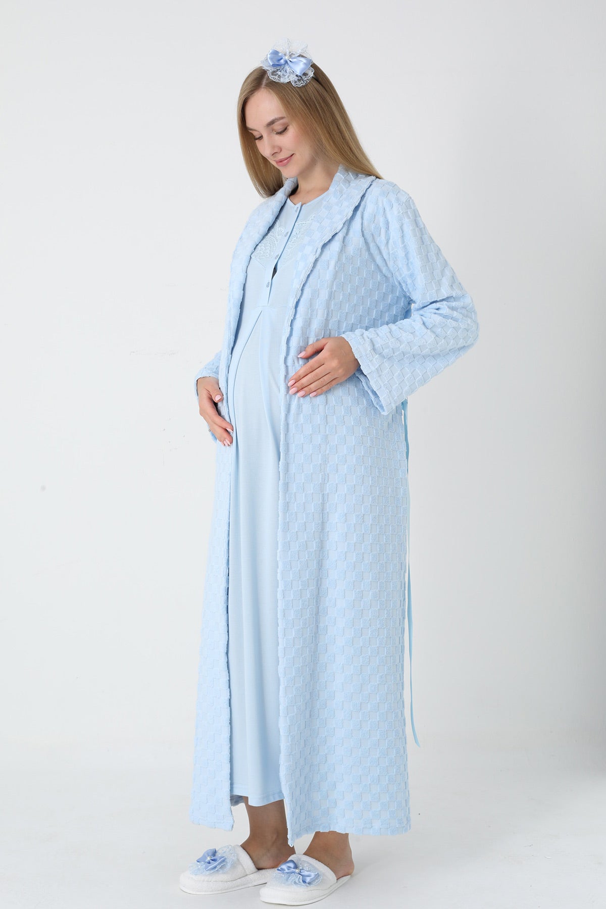 Lace Collar Maternity-Nursing Nightgown & Square Jacquard Robe Set Blue - 2313