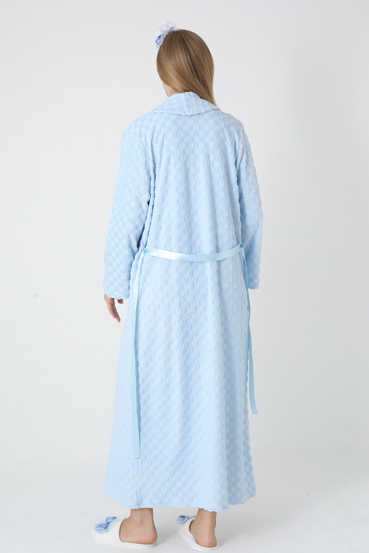 Lace Collar Maternity-Nursing Nightgown & Square Jacquard Robe Set Blue - 2313