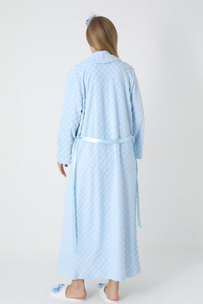 Lace Collar Maternity-Nursing Nightgown & Square Jacquard Robe Set Blue - 2313