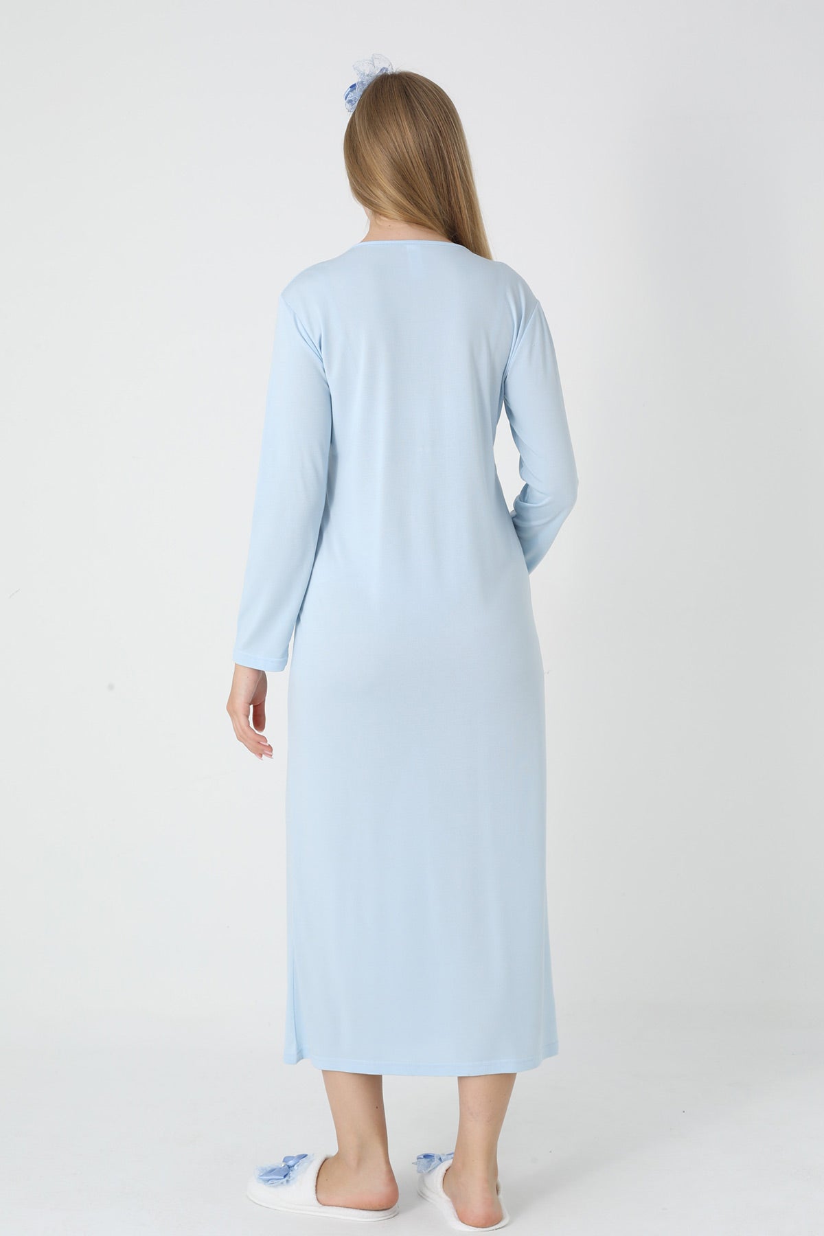 Lace Collar Maternity-Nursing Nightgown & Square Jacquard Robe Set Blue - 2313