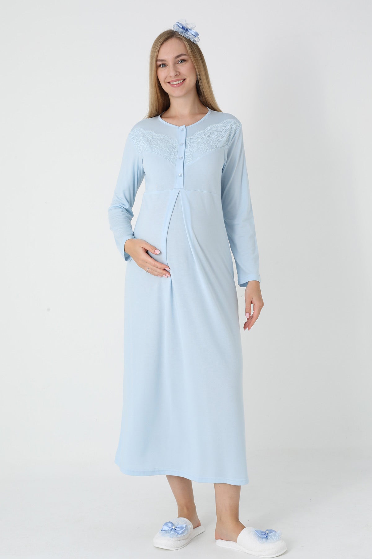 Lace Collar Maternity-Nursing Nightgown & Square Jacquard Robe Set Blue - 2313